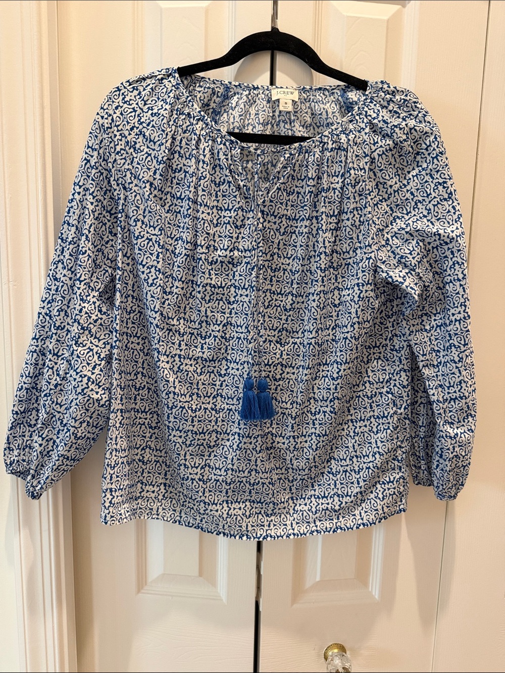 J. Crew Blue and White Printed Peasant Blouse